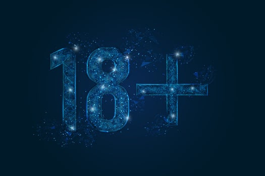 Abstract isolated blue image of 18 plus only censored. Polygonal low poly wireframe illustration looks like stars in the black night sky in space or flying glass shards vector