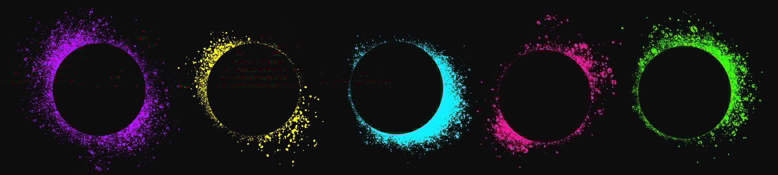 Set of neon colored circle spray stencils isolated on black background. Urban street graffiti style. Airbrush paint splatter borders, grunge street art frames with splash effect and drops. vector