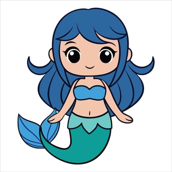 Cartoon mermaid with blue hair and blue tail vector