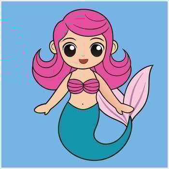 Cartoon mermaid with pink hair and blue tail vector