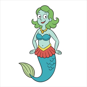 A cartoon mermaid with green hair and a red dress vector