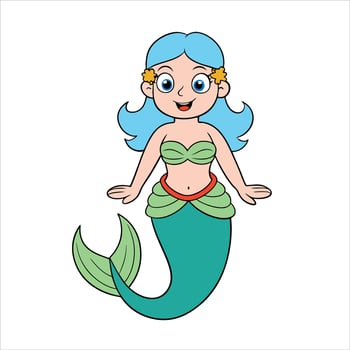 Cartoon mermaid with blue hair and green tail vector