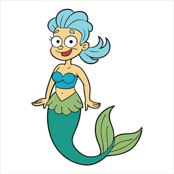 Cartoon mermaid with blue hair and green tail vector