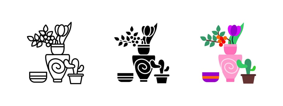 Flower vase icon. Home decor arrangement with flowers and plants illustration. Elegant floral composition symbol. Decorative interior design concept. vector