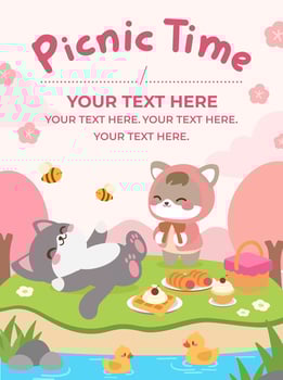 Cute Spring Picnic with Adorable Cats and Cherry Blossoms. Relaxing Picnic by the Lake with Cute Cartoon Cats. vector