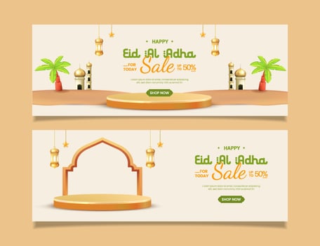 Set Eid al-Adha Sale Banner with Mosque Illustration and Golden Decorations vector