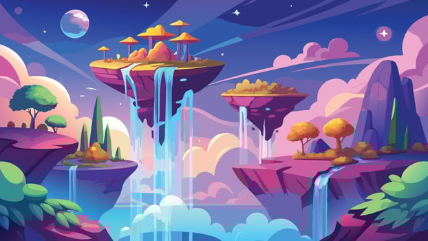 Fantasy Landscape with Floating Islands Waterfalls and vibrant colors vector