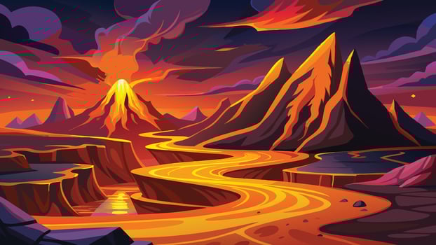 Fiery Volcano Eruption Lava River Dramatic Landscape Illustration Art vector
