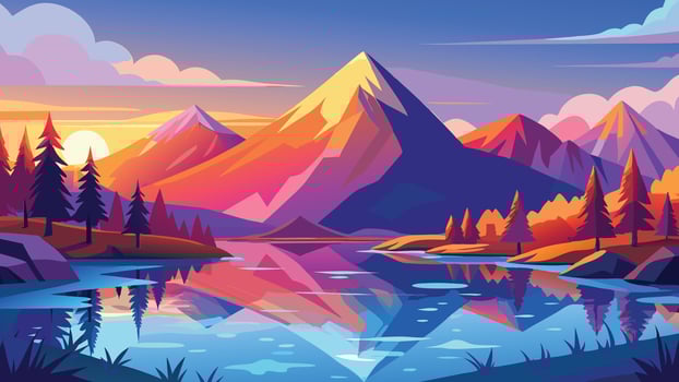 Vibrant Sunset Landscape Colorful Mountains Reflecting in Calm Lake Water vector