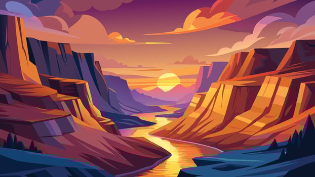 Majestic Sunset over Canyon River Landscape Dramatic Orange and Purple Hues vector