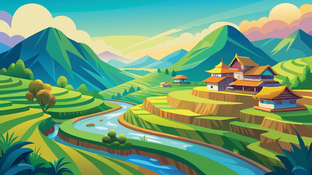 Serene Asian Rice Terraces Landscape Scenic View with River and Houses vector