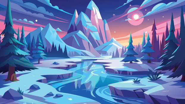 Stunning Winter Landscape Serene River Flows Through Snowy Mountains and Pine Trees at Sunset vector