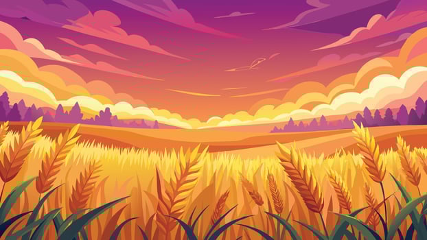 Vibrant Sunset over Golden Wheat Field Rural Landscape Illustration vector