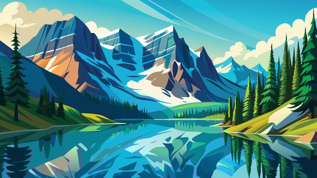 Serene Mountain Lake Landscape with Majestic Peaks and Evergreen Trees vector