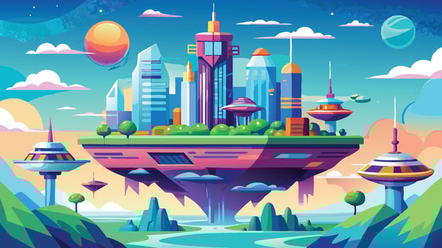 Futuristic Floating City Island Vibrant Cartoon Illustration of a Modern Sci Fi Metropolis vector
