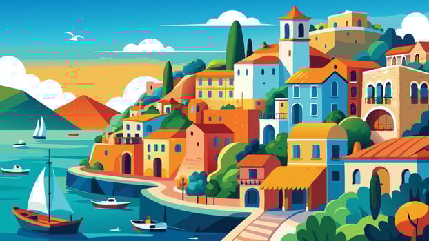 Colorful Coastal Town Seaside Village Houses Boats Summer Vacation vector