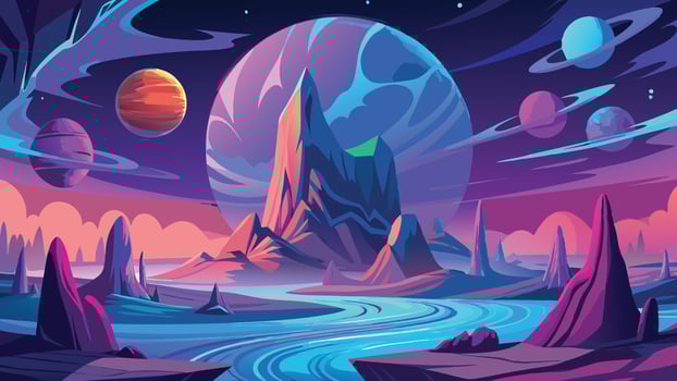 Vibrant Alien Landscape with Purple Planets and a Serpentine River Fantasy Space Art vector