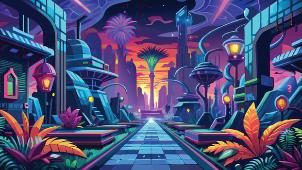 Vibrant Neon Cityscape at Sunset Futuristic Tropical Pathway Digital Art Illustration vector