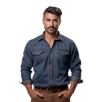 A man wearing a blue shirt and brown pants isolated on transparent background png