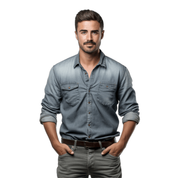 A man wearing a blue shirt and grey pants isolated on transparent background png