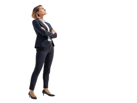 Confident businesswoman in suit looking up with determination and ambition png