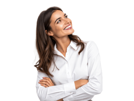 Smiling woman in white shirt looking up with crossed arms, expressing joy and confidence png