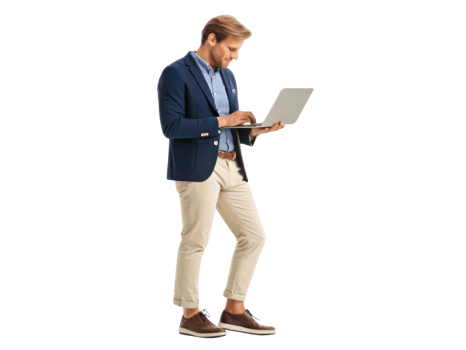 professional man using laptop while standing, dressed in smart casual attire png
