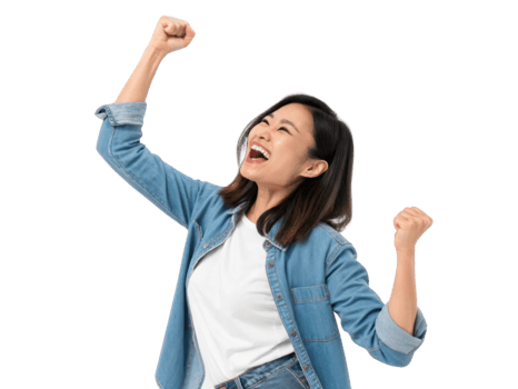 Excited woman celebrating success with raised fists and joyful expression png