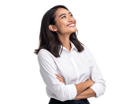 Smiling woman in white shirt looking up with arms crossed, expressing joy and confidence png