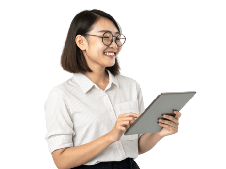 woman smiling while using tablet, wearing glasses and light shirt png