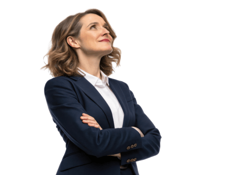 Confident businesswoman in suit looking upward with thoughtful expression png