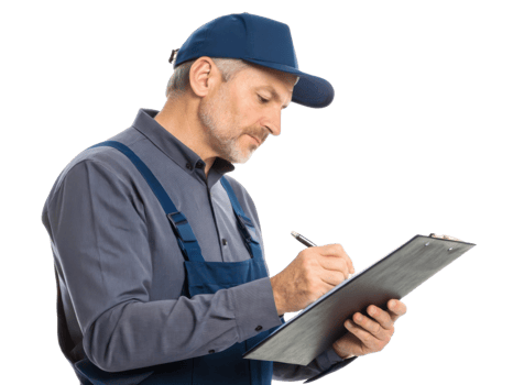 man in blue cap and work uniform writing on clipboard png