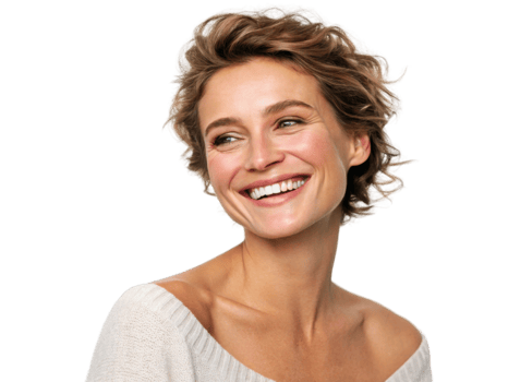 Smiling woman with curly hair wearing light sweater, radiating joy and warmth png