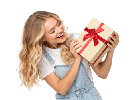 Happy woman holding gift box with red ribbon, smiling joyfully png
