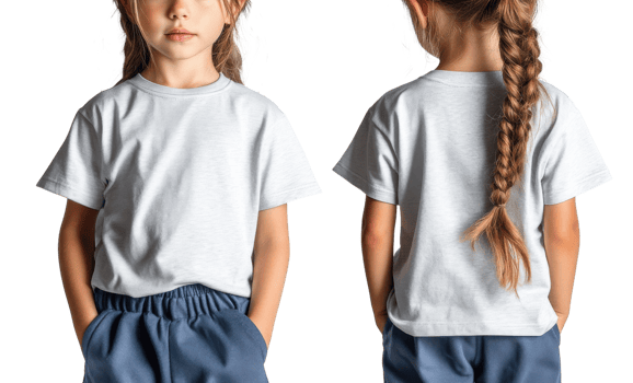 child wearing plain white t shirt and blue shorts, showcasing both front and back views png