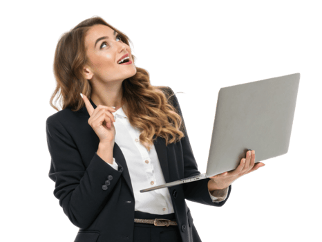Businesswoman with laptop, smiling and pointing upwards, expressing ideas and creativity png