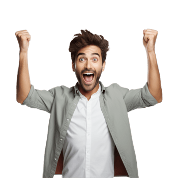Excited man is smiling and raising his arms in the air isolated on transparent background png