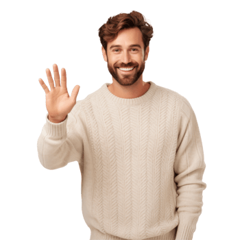 A man with a beard is wearing a white sweater and is waving isolated on transparent background png