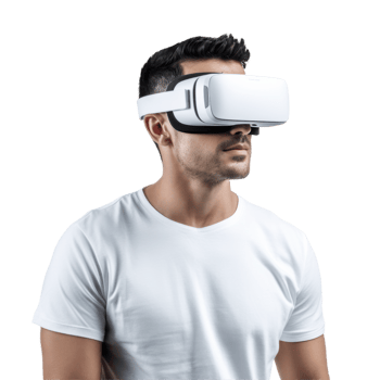 Man wearing a white shirt is wearing a virtual reality headset isolated on transparent background png