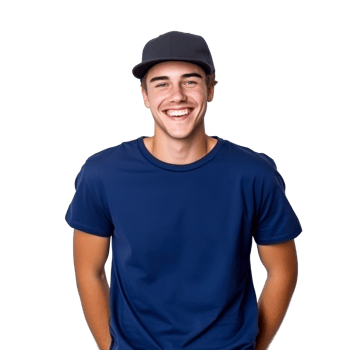 young boy wearing a blue shirt and a black hat is smiling isolated on transparent background png