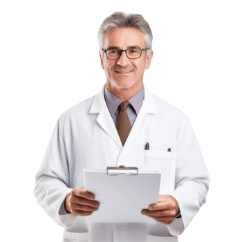 A man wearing a white lab coat and glasses holding a clipboard isolated on transparent background png