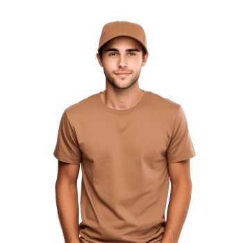 A man wearing a brown shirt and a hat isolated on transparent background png
