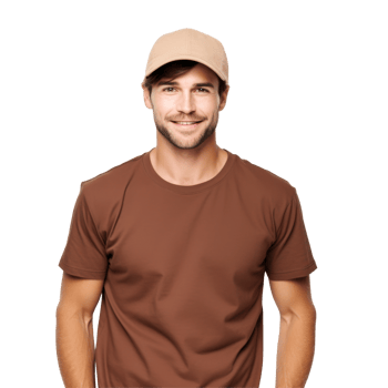 A man wearing a brown shirt and a tan hat isolated on transparent background png