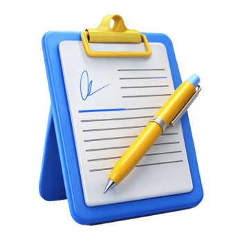3D Render of a Blue Clipboard with Yellow Pen and Signature Line for Form Filling and Document Signing png