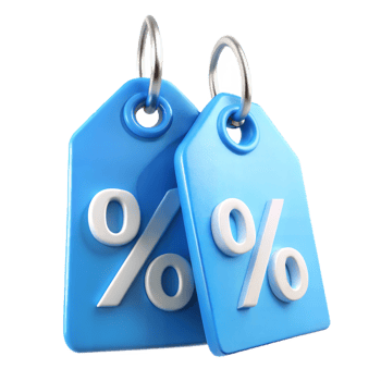 Two Blue 3D Rendered Percentage Discount Tags Hanging with Silver Rings png