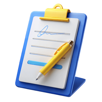 3D Render of a Blue Clipboard with a Yellow Pen and Signature png