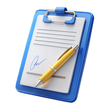 Blue Clipboard with Signed Document and Yellow Pen 3D Illustration png