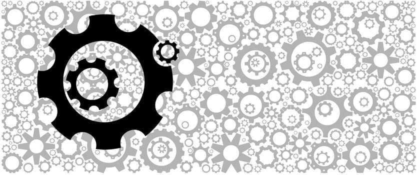 Three identical gear wheels on one line on a background of light gray gears. Mechanical background pattern for industrial logo or titles vector