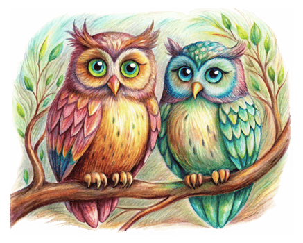 Romantic owls enjoying a peaceful night on a whimsical tree branch in transparent background png