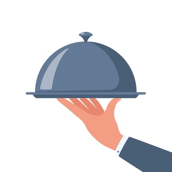 Waiter's hand holding tray for hot dishes. Illustration for design menu restaurant vector